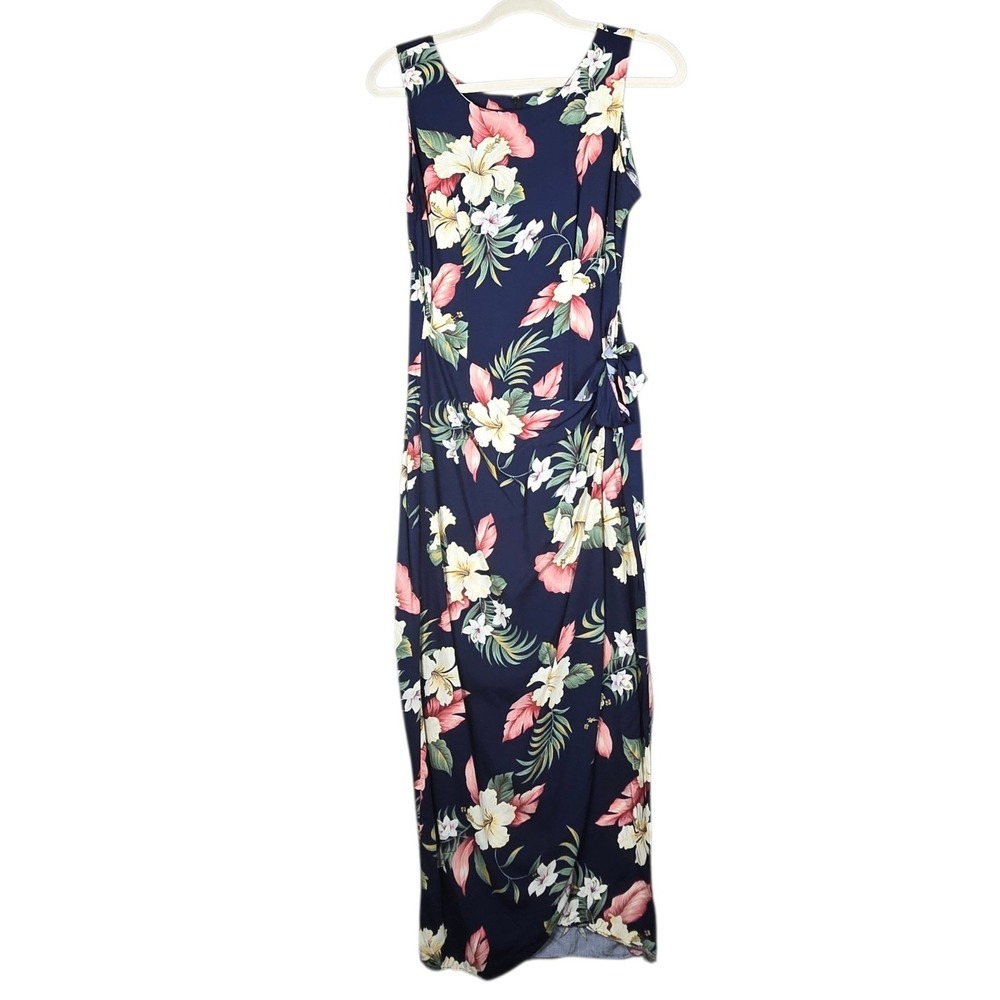 Vintage 90s Young Hawaii Maxi Dress Small Navy Floral Sarong Tropical Hawaiian